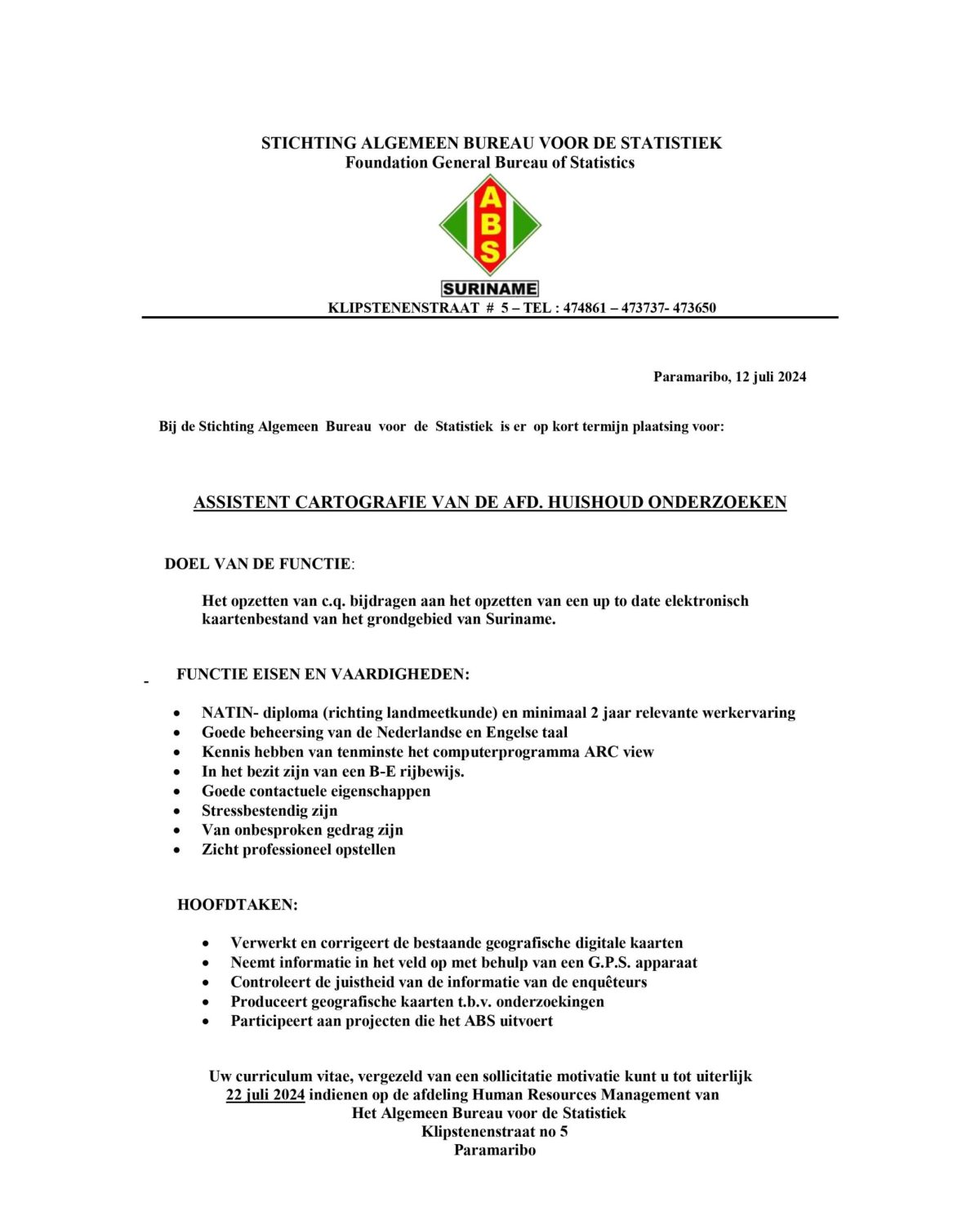 vacature op het abs assisitent Cartofrafie 12 juli 2024
