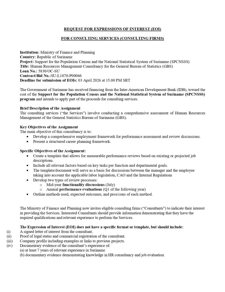 REQUEST FOR EXPRESSIONS OF INTEREST (EOI) FOR CONSULTING SERVICES (CONSULTING FIRMS) - Human Resources Management Consultancy for the General Bureau of Statistics (GBS)